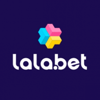 Lalabet logo met een kleurrijk zeshoekig symbool gemaakt van roze, gele en blauwe driehoeken, met 'lalabet' tekst in wit op een donkerpaarse achtergrond.